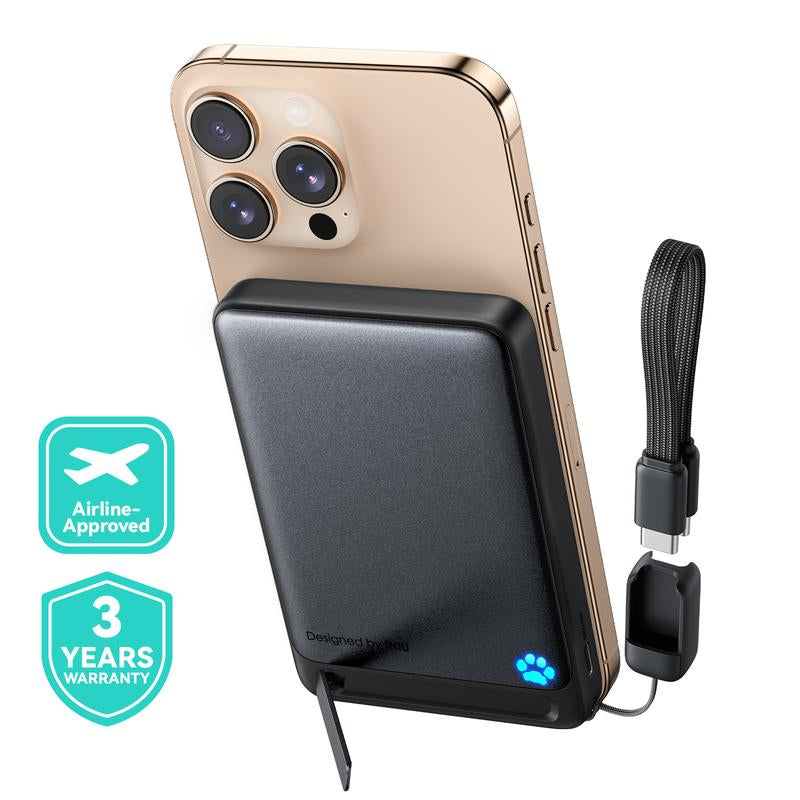INIU Magfino 10000Mahportable Charger, Ultra Slim Qi2 Certified 10000Mah 45W Magnetic Power Bank, Super Fast Charge, Metal USB C In&Out Wireless Battery Pack with Foldable Stand, Phone Charger, Only for Iphone 17 16 15 14 13 12 Series