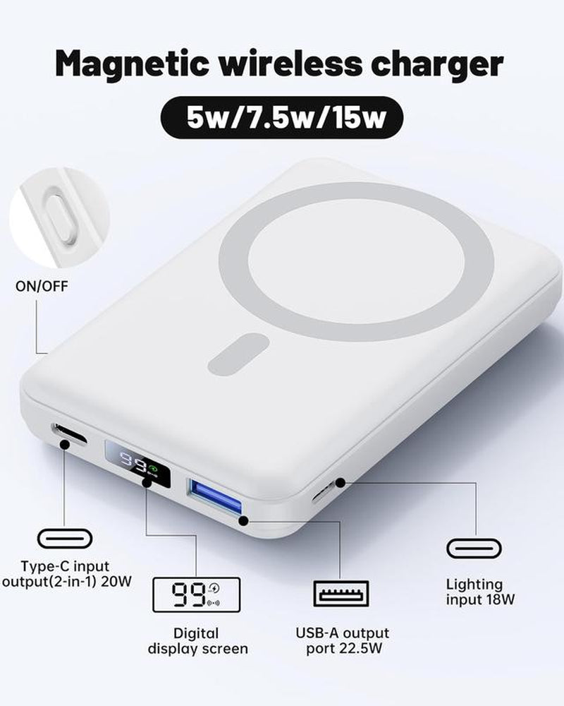 Wireless Charging Power Bank, 10000 Mah Power Bank with Folding Stand and USB-C Cable LED Display, Magnetic Power Bank 22.5W PD Fast Charging for Iphone