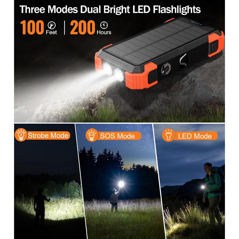 Sudrov 42800 Mah Solar Charger Power Bank Wireless Charger Built in 4 Cables 7 Outputs 15 Watts Fast Charging Power Bank for All Mobile Devices 3 Inputs Solar Portable Charger with Dual Flashlights, Carabiner and Thermometer