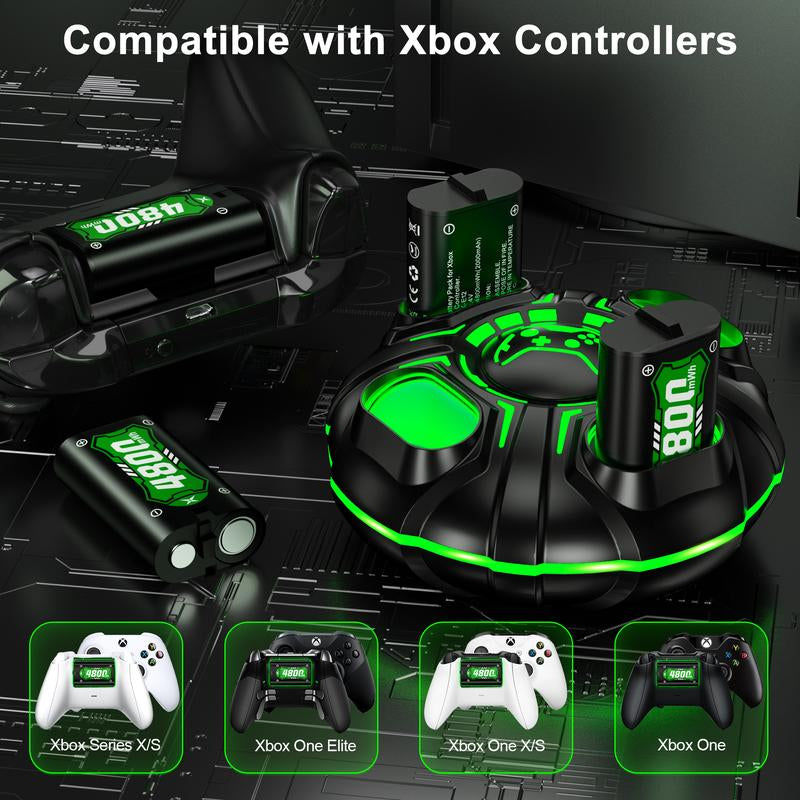 Ponkor Xbox Controller Rechargeable Battery Packs (4×4800Mwh) with Fast Charging Dock, Compatible with Xbox One, Series X|S, High-Capacity, Long-Lasting, LED Glow, Overheat Protection