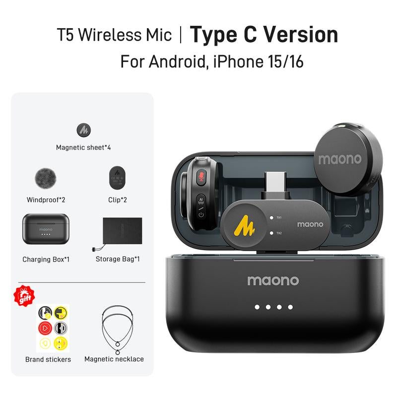 Maono T5 Wireless Lavalier Microphone, Audio Noise Reduction, Compatible with PC Camera, Iphone, Type C Android Smartphone, Ideal for Youtube, Facebook,Tiktok Video Vlogging, Streaming, Recording, Interview, Content Creating.