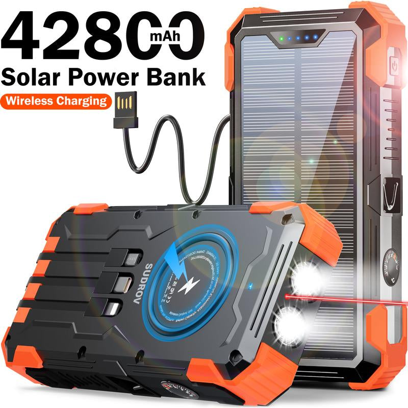 Sudrov 42800 Mah Solar Charger Power Bank Wireless Charger Built in 4 Cables 7 Outputs 15 Watts Fast Charging Power Bank for All Mobile Devices 3 Inputs Solar Portable Charger with Dual Flashlights, Carabiner and Thermometer