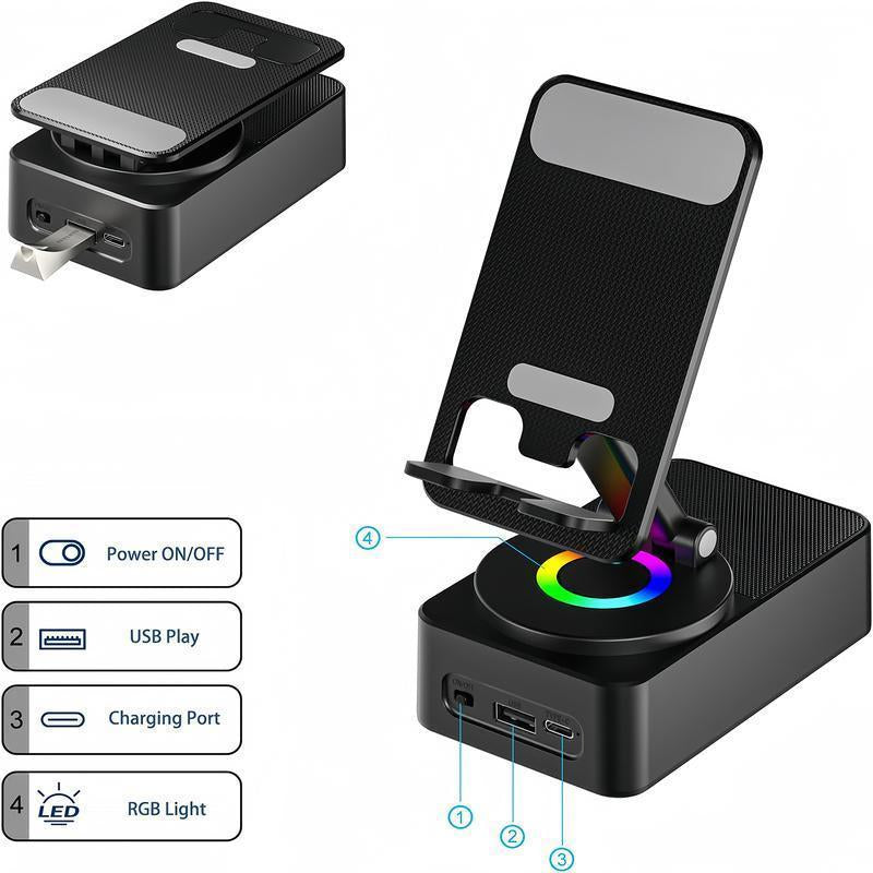 5-In-1 Wireless Speaker & Phone Stand – Bluetooth, Atmosphere Light, Power Bank | 5.3 HD Surround Subwoofer, 300° Rotatable Foldable Design | Ideal for Outdoor Picnics, Bedroom Movie Nights, Camping Trips, Office Desk Setup & Birthday Gatherings