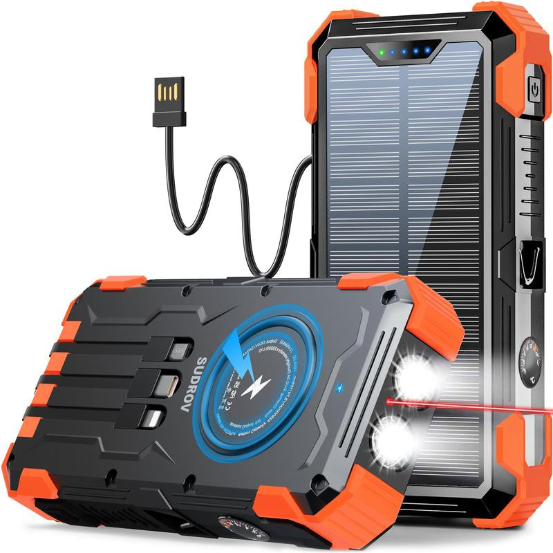 Sudrov 42800 Mah Solar Charger Power Bank Wireless Charger Built in 4 Cables 7 Outputs 15 Watts Fast Charging Power Bank for All Mobile Devices 3 Inputs Solar Portable Charger with Dual Flashlights, Carabiner and Thermometer