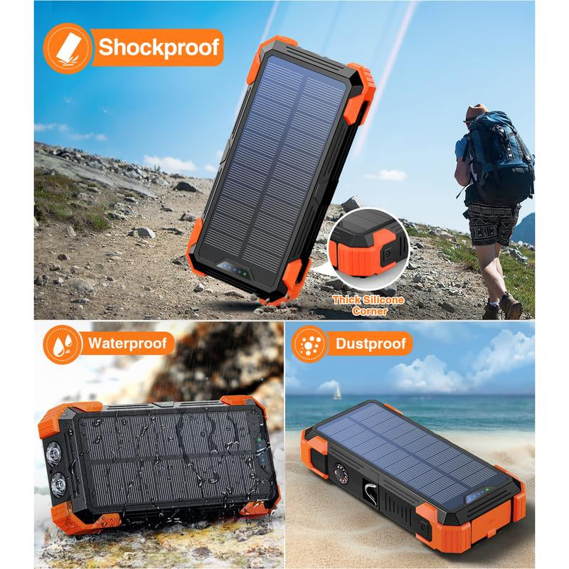 Sudrov 42800 Mah Solar Charger Power Bank Wireless Charger Built in 4 Cables 7 Outputs 15 Watts Fast Charging Power Bank for All Mobile Devices 3 Inputs Solar Portable Charger with Dual Flashlights, Carabiner and Thermometer