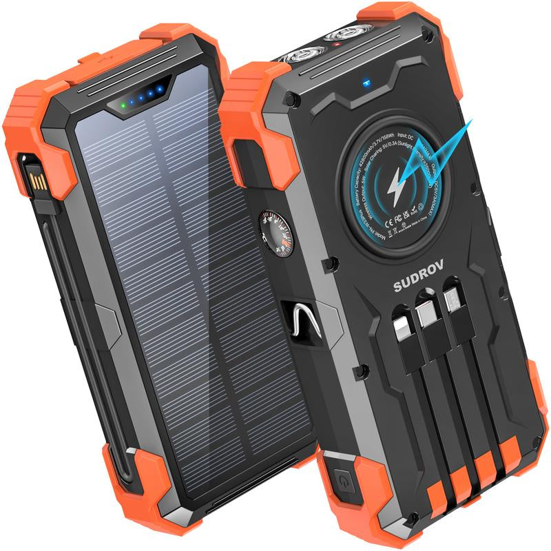 Sudrov 42800 Mah Solar Charger Power Bank Wireless Charger Built in 4 Cables 7 Outputs 15 Watts Fast Charging Power Bank for All Mobile Devices 3 Inputs Solar Portable Charger with Dual Flashlights, Carabiner and Thermometer