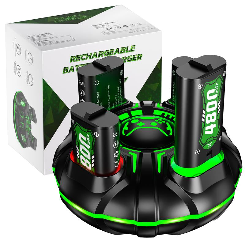 Ponkor Xbox Controller Rechargeable Battery Packs (4×4800Mwh) with Fast Charging Dock, Compatible with Xbox One, Series X|S, High-Capacity, Long-Lasting, LED Glow, Overheat Protection