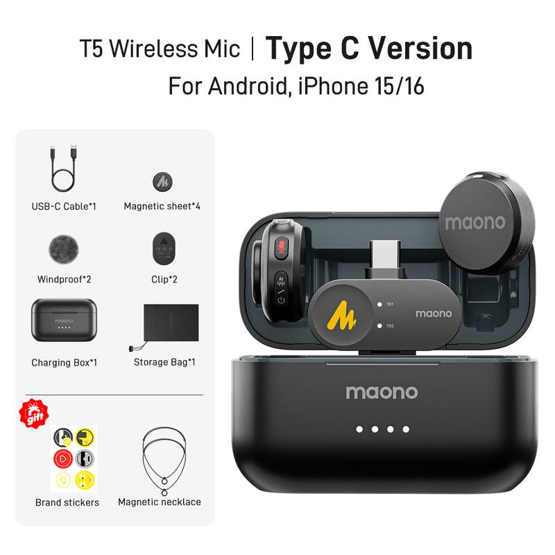 Maono T5 Wireless Lavalier Microphone, Audio Noise Reduction, Compatible with PC Camera, Iphone, Type C Android Smartphone, Ideal for Youtube, Facebook,Tiktok Video Vlogging, Streaming, Recording, Interview, Content Creating.