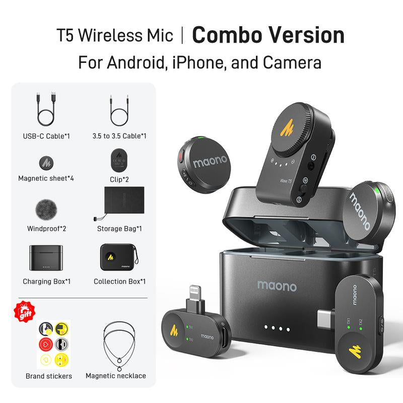 Maono T5 Wireless Lavalier Microphone, Audio Noise Reduction, Compatible with PC Camera, Iphone, Type C Android Smartphone, Ideal for Youtube, Facebook,Tiktok Video Vlogging, Streaming, Recording, Interview, Content Creating.