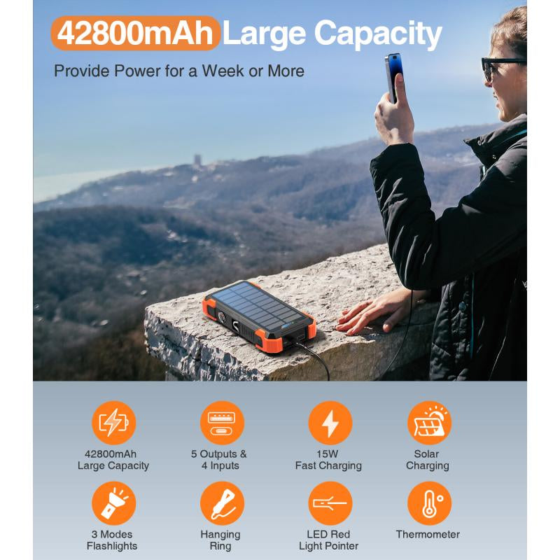 Sudrov 42800 Mah Solar Charger Power Bank Wireless Charger Built in 4 Cables 7 Outputs 15 Watts Fast Charging Power Bank for All Mobile Devices 3 Inputs Solar Portable Charger with Dual Flashlights, Carabiner and Thermometer