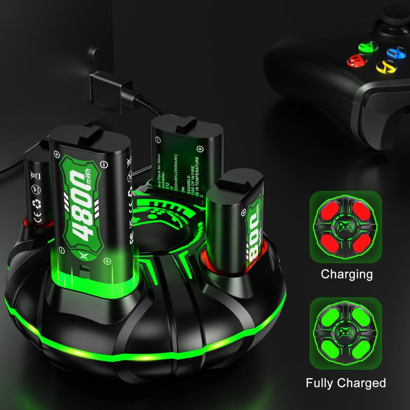 Ponkor Xbox Controller Rechargeable Battery Packs (4×4800Mwh) with Fast Charging Dock, Compatible with Xbox One, Series X|S, High-Capacity, Long-Lasting, LED Glow, Overheat Protection