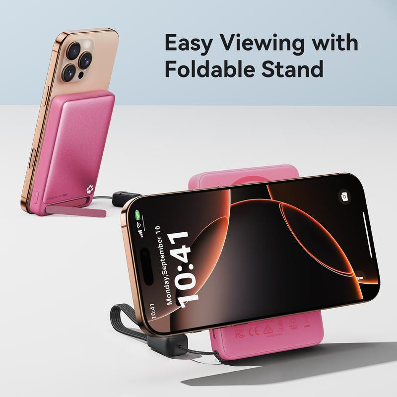 INIU Magfino 10000Mahportable Charger, Ultra Slim Qi2 Certified 10000Mah 45W Magnetic Power Bank, Super Fast Charge, Metal USB C In&Out Wireless Battery Pack with Foldable Stand, Phone Charger, Only for Iphone 17 16 15 14 13 12 Series