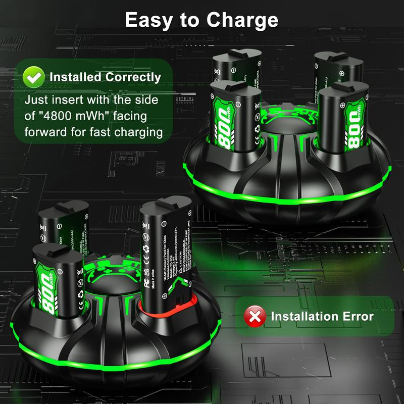 Ponkor Xbox Controller Rechargeable Battery Packs (4×4800Mwh) with Fast Charging Dock, Compatible with Xbox One, Series X|S, High-Capacity, Long-Lasting, LED Glow, Overheat Protection