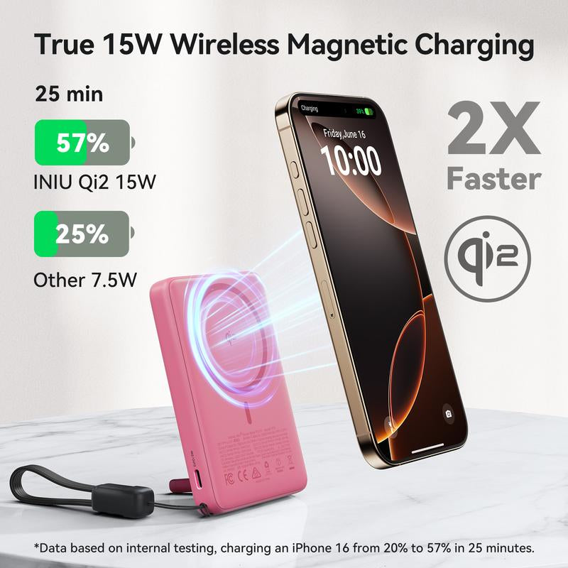 INIU Magfino 10000Mahportable Charger, Ultra Slim Qi2 Certified 10000Mah 45W Magnetic Power Bank, Super Fast Charge, Metal USB C In&Out Wireless Battery Pack with Foldable Stand, Phone Charger, Only for Iphone 17 16 15 14 13 12 Series