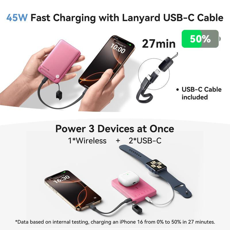 INIU Magfino 10000Mahportable Charger, Ultra Slim Qi2 Certified 10000Mah 45W Magnetic Power Bank, Super Fast Charge, Metal USB C In&Out Wireless Battery Pack with Foldable Stand, Phone Charger, Only for Iphone 17 16 15 14 13 12 Series