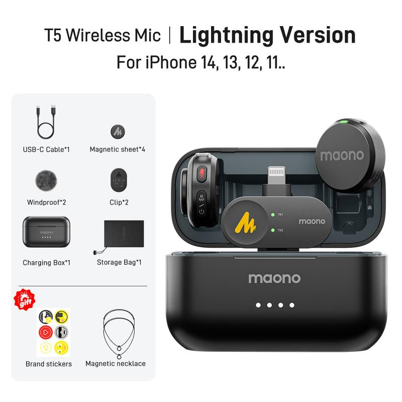 Maono T5 Wireless Lavalier Microphone, Audio Noise Reduction, Compatible with PC Camera, Iphone, Type C Android Smartphone, Ideal for Youtube, Facebook,Tiktok Video Vlogging, Streaming, Recording, Interview, Content Creating.
