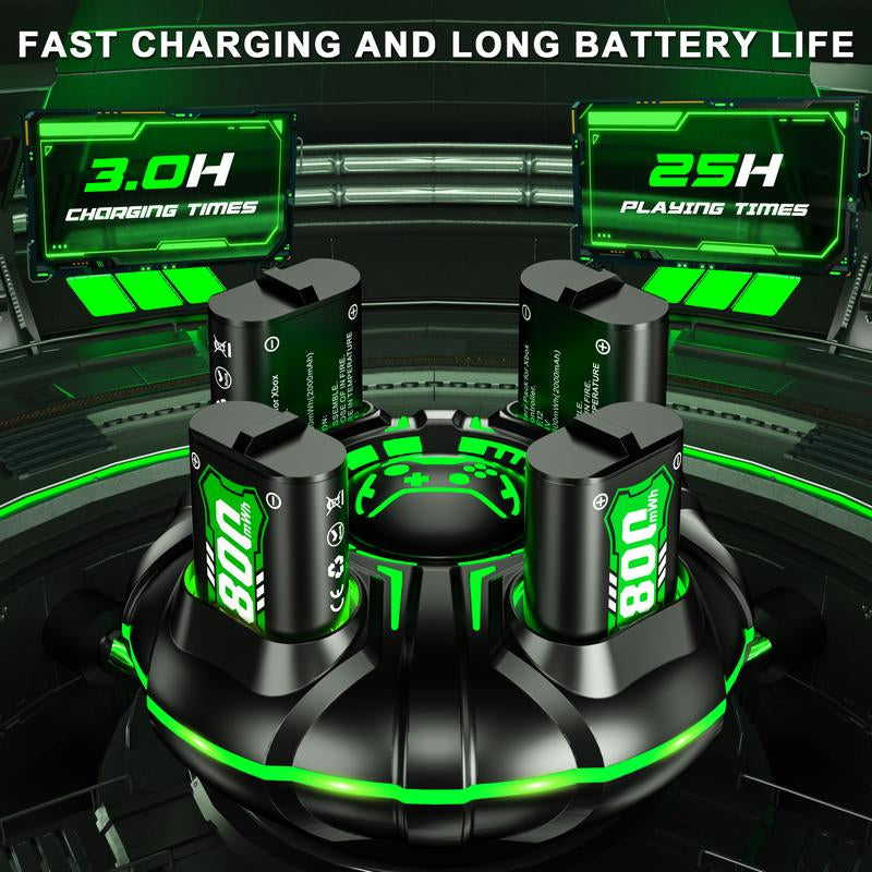 Ponkor Xbox Controller Rechargeable Battery Packs (4×4800Mwh) with Fast Charging Dock, Compatible with Xbox One, Series X|S, High-Capacity, Long-Lasting, LED Glow, Overheat Protection